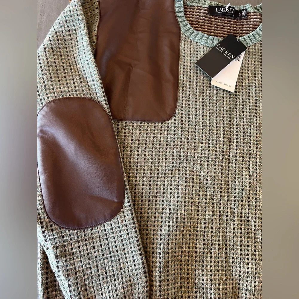 Lauren Ralph Lauren Multi Faux-Leather-Trim Wool-Blend Sweater Size L NWT 185$ - Picture 5 of 7